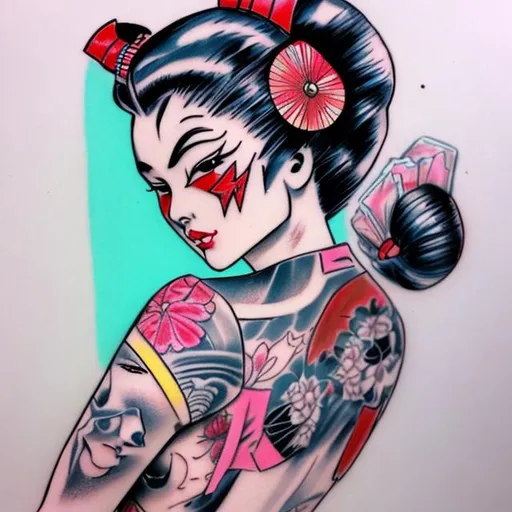 Prompt: pin up futuristic geisha flash tattoo pastel colors sketch