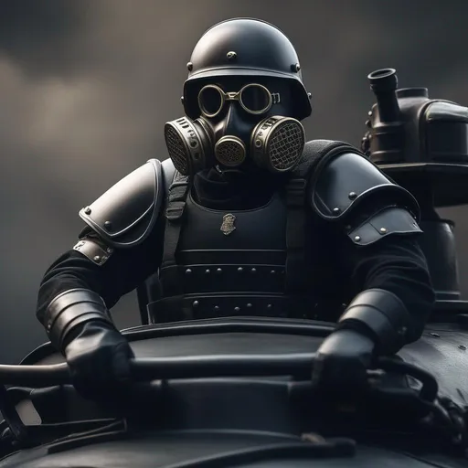 Prompt: A depression modern roman military male in black military roman armor, and gas mask, sitting on a tank, Hyperrealistic, sharp focus, Professional, UHD, HDR, 8K, Render, electronic, dramatic, vivid, pressure, stress, traumatic, dark.