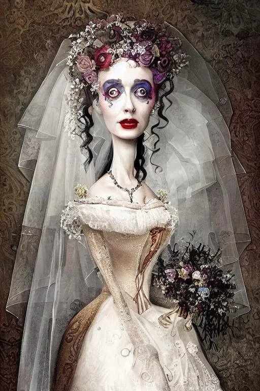 Prompt: Oil painting a beautiful Victorian bride, by Tim Burton, award-winning cgi, photoshop 