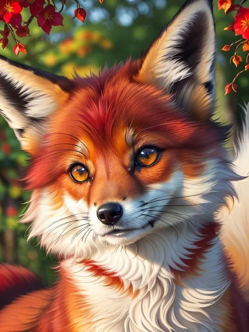 Prompt: remove tail, ((make hair a plant)), (8k, masterpiece, oil painting, professional, UHD character, UHD background) Portrait of Vixey, Fox and Hound, close up, mid close up, brilliant red fur, brilliant amber eyes, big sharp 8k eyes, sweetly peacefully smiling, detailed smiling face, extremely beautiful, alert, curious, surprised, cute fangs, enchanted garden, vibrant flowers, vivid colors, lively colors, vibrant, high saturation colors, open mouth, uv face, uwu face, flower wreath, detailed smiling face, highly detailed fur, highly detailed eyes, highly detailed defined face, highly detailed defined furry legs, highly detailed background, full body focus, UHD, HDR, highly detailed, golden ratio, perfect composition, symmetric, 64k, Kentaro Miura, Yuino Chiri, intricate detail, intricately detailed face, intricate facial detail, highly detailed fur, intricately detailed mouth