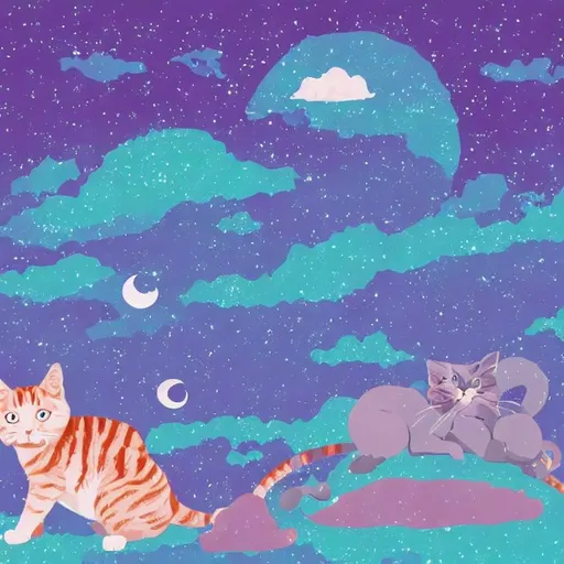 Prompt: Background sky with diamonds, mountain pink ,cat with human body, eating cat with dragon body