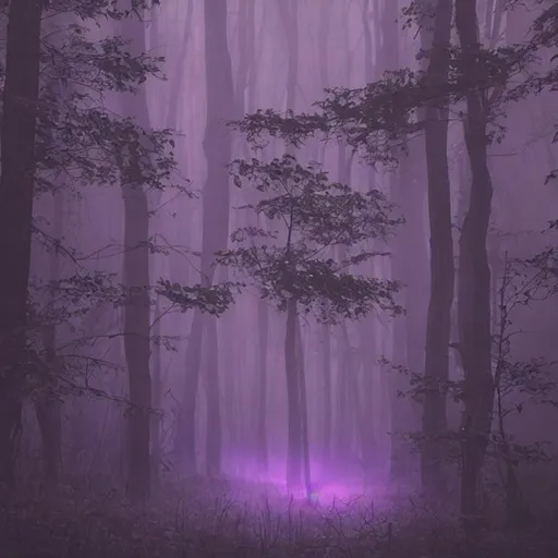 a dark misty forest, dark forest, purple glow, photo... | OpenArt