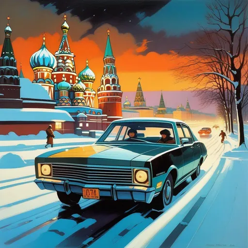 Prompt: 1970s, Moscow at night, car chase, snow, cold atmosphere, cartoony style, extremely detailed painting by Greg Rutkowski and by Henry Justice Ford and by Steve Henderson