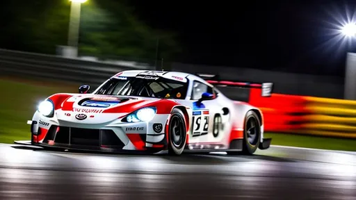 Prompt: Toyota GT3 car taking a corner at the Nurburgring at night, intense, racing, brake light trail, headlight trail, long exposure,