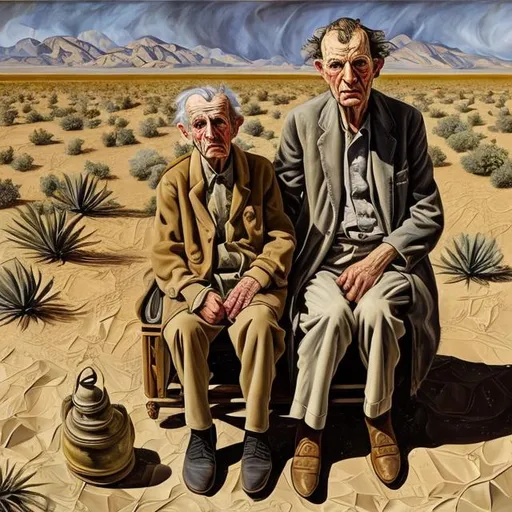 Prompt: Lucian Freud style painting of grandfather and his one and only grandson in the desert