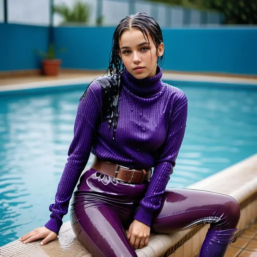 Prompt: photo of young woman, soaking wet clothes, knee-length boots, purple tights pencil skirt wide belt, tight longsleeve turtleneck sweater,  , sitting at the edge of a swimming pool,   enjoying, water dripping from clothes, clothes stuck to body,  detailed textures of the wet fabric, wet face, wet plastered hair,  wet, drenched, professional, high-quality details, full body view 