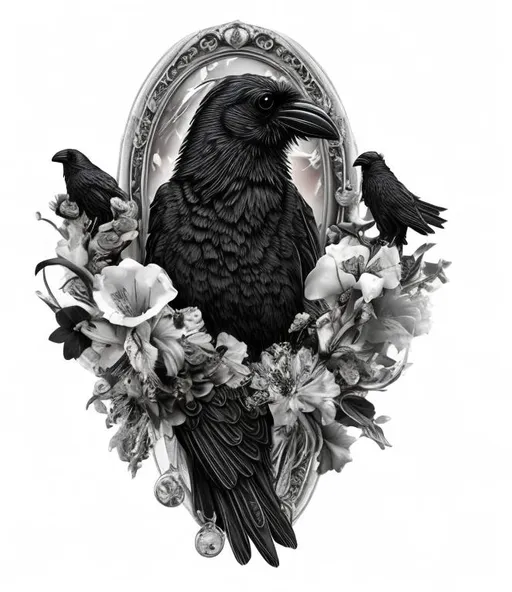 Prompt: single raven enclosed in a cameo, black and white, hints of deep red, surrounded by cosmo flowers, gladiolus flowers, gothic style