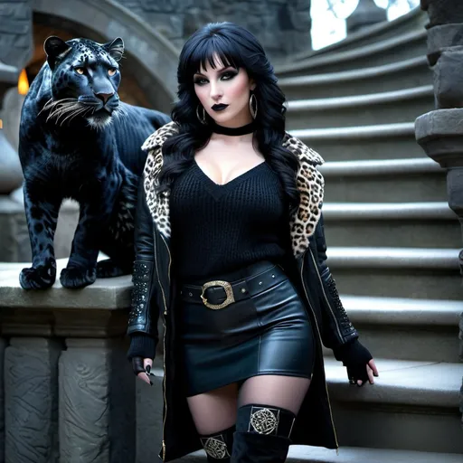 Prompt: Beautiful pale skinned sorceress, black hair, exterior stone staircase, pet black leopard, photorealism, all black ensemble, knit sweater, hosiery, leather jacket, miniskirt, gogo boots, black makeup, intricate face, high detail, 8K photo, photorealistic, detailed, exterior setting, atmospheric lighting