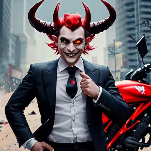 Prompt: Craft an intricate image of a stylish devil dressed in a perfectly tailored business suit, showcasing his horns and a cheeky grin, nonchalantly posing in front of a wrecked motorcycle, as if he's responsible for the chaos.