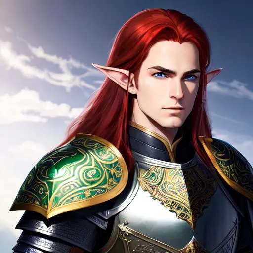 Prompt: Full body of adult male, paladin, perfect eyes, long red hair, elf ears, green eyes, clean shaven, small white horns on forehead, symmetrical, lighting, detailed face, concept art, digital painting, looking into camera, slight smile, heavenly blue full plate armour, intricate white pattern on armour, holding a bastard sword in right hand, #3238, UHD, hd , 8k eyes, detailed face, big anime dreamy eyes, 8k eyes, intricate details, insanely detailed, masterpiece, cinematic lighting, 8k, complementary colors, golden ratio, octane render, volumetric lighting, unreal 5, artwork, concept art, cover, top model, light on hair colorful glamourous hyperdetailed medieval city background, intricate hyperdetailed breathtaking colorful glamorous scenic view landscape, ultra-fine details, hyper-focused, deep colors, dramatic lighting, ambient lighting god rays