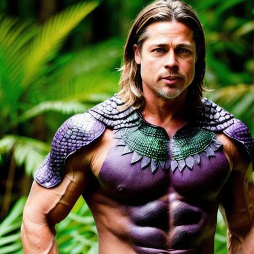 Prompt: Brad pitt have a reptile scale skin costume, purple reptile skin, details, all over the body, has a dragon tasto on the arm, muscular body, forest background, forest filled with snakes