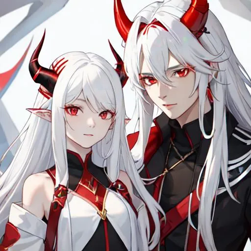 Prompt: Zerif 1male (Red side-swept hair covering his right eye) holding Zaley {white hair, female, white demon horns, 10 years old}, UHD, 8K, highly detailed