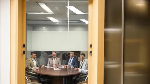 Prompt: Outside a closed office boardroom door. The table is full of men.