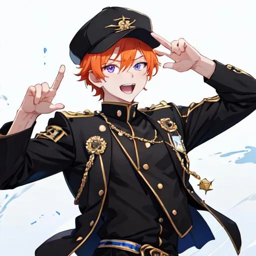 Prompt: Erikku male (short ginger hair, freckles, right eye blue left eye purple) muscular, UHD, 8K, Highly detailed, insane detail, best quality, high quality. hands in the air, wearing a sideways baseball cap, black jacket, black shorts
