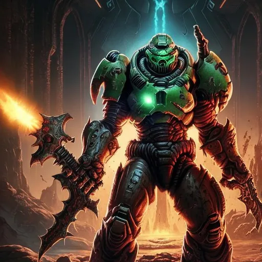 Prompt: The doom slayer from doom eternal killing an a amongus
