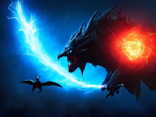 Prompt: Photorealistic hyper detailed super large black creature, photorealistic big, angry red glowing eyes, hyper realistic, thick detailed large black monster horns, spreading it's giant black wings, flying besides a hyper realistic blue planet, with hyper detailed stars and comets around. The creature is blowing lightning-fire at the blue planet so that it explodes into small pieces.