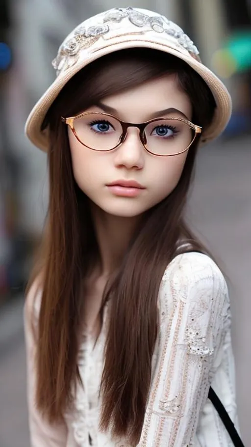 Prompt: a young elegant Asian girl, very beautiful narrow detailed face. she is petite and perfect stunning beautiful. she has short messy brown hair, glossy grayish blue eyes, detailed and prefect face, pale skin, symmetrical body, narrow waist, thin thigh,  She wears sparkly accessories, a pair of round glasses, fashionable colorful hat, intriate fashionable one piece skirt. she has shy and cheerful smile, fashionble make-up. The photo is masterpiece by Pentax DSLR 50mm, HDR 4k, by Greg Rutkowski, artstation,