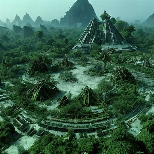 Prompt: The flattened ruins of an alien city, partially overtaken by the jungle, in the style of Star Trek. {Star Trek: The Next Generation}