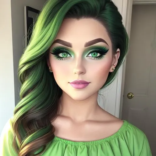 Prompt: A woman all in green, green eyes, pretty makeup