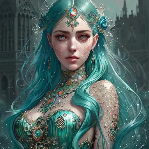 Prompt: Intricately detailed front facing elaborate beautiful mermaid intricate glistening face bright eyes prismatic cry clear dress long hair hyperdetailed painting by Ismail_Inceoglu Tom Bagshaw Dan Witz CGSociety ZBrush Central fantasy art 4K, Crystal Palace in background digital painting, digital illustration, extreme detail, digital art, ultra hd, vintage photography, beautiful, tumblr aesthetic, retro vintage style, hd photography, hyperrealism, extreme long shot, telephoto lens, motion blur, wide angle lens, deep depth of field, warm, anime Character Portrait, Symmetrical, Soft Lighting, Reflective Eyes, Pixar Render, Unreal Engine Cinematic Smooth, Intricate Detail, anime Character Design, Unreal Engine, Beautiful, Tumblr Aesthetic,  Hd Photography, Hyperrealism, Beautiful Watercolor Painting, Realistic, Detailed, Painting By Olga Shvartsur, Svetlana Novikova, Fine Art