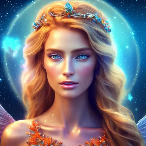 Prompt: HD 4k 3D 8k professional modeling photo hyper realistic beautiful woman ethereal greek goddess of the clear blue sky
orange hair blue eyes gorgeous face fair skin shimmering dress with gems jewelry and winged tiara full body surrounded by magical glowing divine light hd landscape background blue sky birds and butterflies