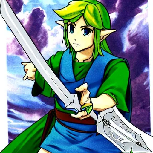Prompt: Link anime style holding the master sword 