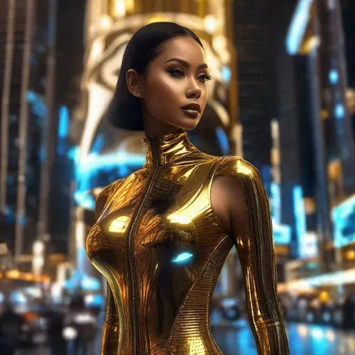 Prompt: pretty young Indonesian woman, 25 year old, (round face, high cheekbones, delicate nose), wearing shiny body suit, posing for picture, perfect hourglass figure, octane render, golden ratio, cyberpunk art by Nelson Alexander Ross, cgsociety, retrofuturism, futuristic, daz3d, made of liquid metal, evening cityscape backdrop