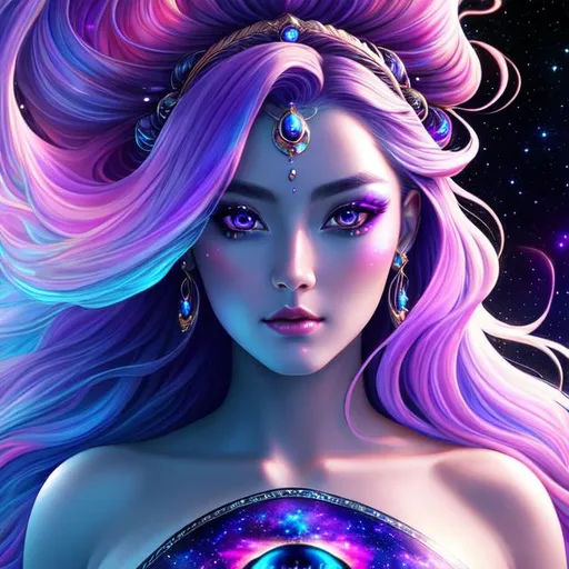 Prompt: Cosmic Epic Beautiful Nebula (Beautiful melancholy {goddess}female liquid satin}, Beautiful and Gorgeous, Beautiful big reflective eyes, long flowing hair, beautiful hands), hyper realistic, expansive psychedelic background, hyper realistic, 8K --s99500