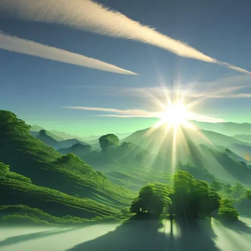 Prompt: Surreal disproportionate Glass sun shining rays over green hills