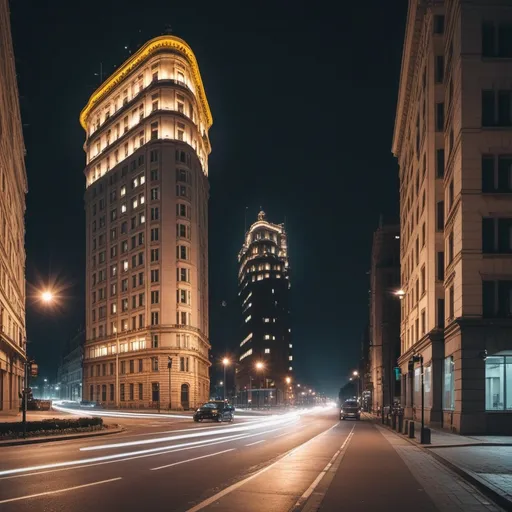 Prompt: salient buildings view and cars on the road along with an amazing street lights