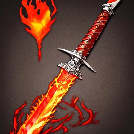 Prompt: large red flaming sword, powerful, dangerous, ancient, fire, red magic, runes, long sharp blade, item by itself