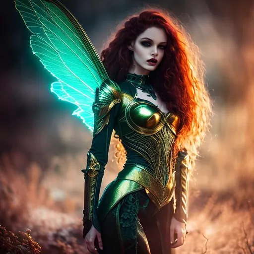 Prompt: HD, 4K, 3D, Stunning, magic, cinematic camera, gothic beauty, ethereal green wings,fairy queen,gothic enchanted, light contrast, long, curly redhead hair, lovely, romantic, tender, purple light, moon glow, perfect female beauty, intricate, pale traslucent skin, golden ratio, look in camera, gorgeous sinuous body, female body,gorgeous eyes