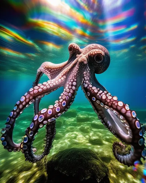 Prompt: In an underwater paradise, capture the mesmerizing scene of a Rainbow shimmering through the water as an Octopus glides gracefully nearby. Use an underwater camera with a wide-angle lens to encapsulate the captivating encounter. Illuminate the scene with underwater lighting to bring out the enchanting colors