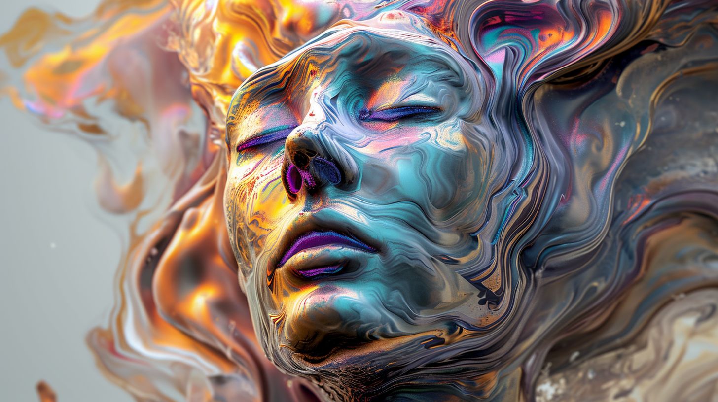 Prompt: a female head sculpture inspired by an ancient statue, in the style of colorful turbulence, solarization effect, hyperrealistic illustrations, fluid and flowing lines, intricate body-painting, psychological phenomena illustrations, dreamlike illustration