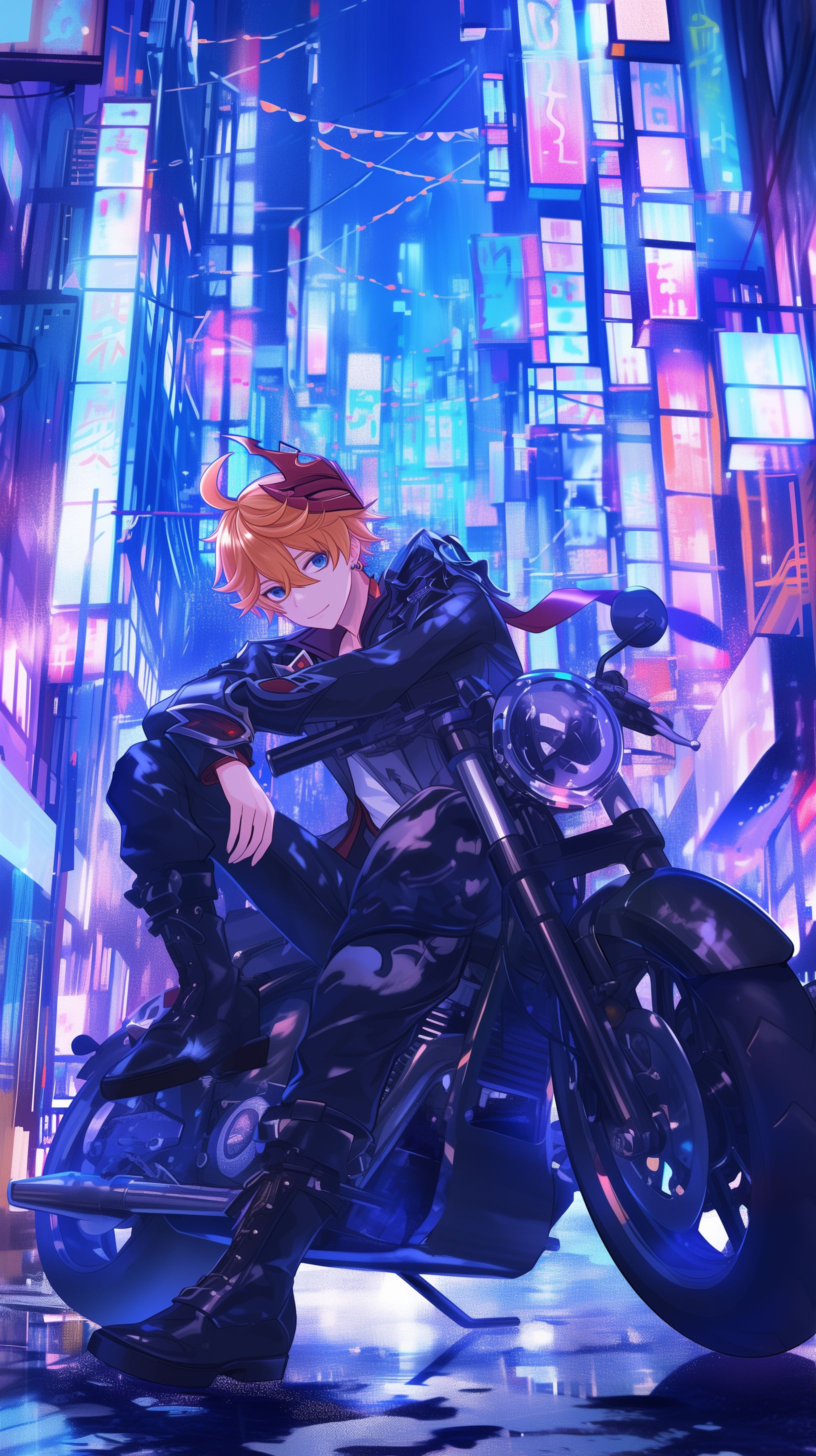 Prompt: Tartaglia from genshin impact, anime, cartoon, messy ginger orange hair, ahoge, ocean blue eyes, single red earing on right ear, leaning on a custom chopper, black leather jacket with a water design, big black buckled leather boots, lit up in an alleyway of a bustling city by bright neon lights, --ar 9:16 --niji 6