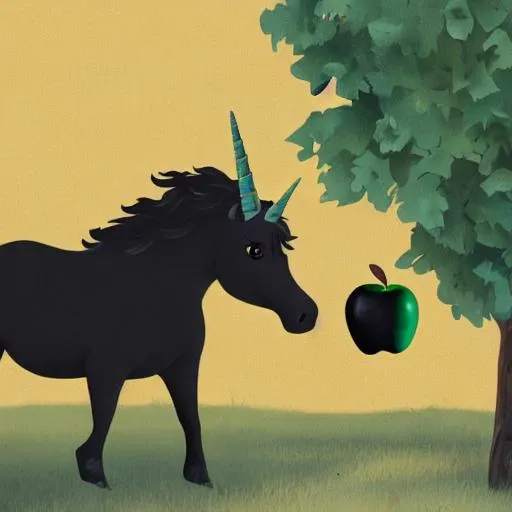 Prompt: Black Unicorn eating an apple