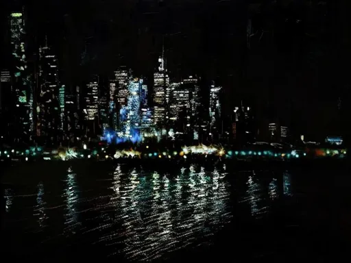 Prompt: Thick oil impasto York Skyline from 42nd Street Pier, thick oil impasto