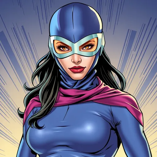 Prompt: superheroine in a  bright tight superhero outfit with a tight fitting head covering superhero mask (((covering hair, head, and face))), with glowing eye holes, realistic comic book themed background.