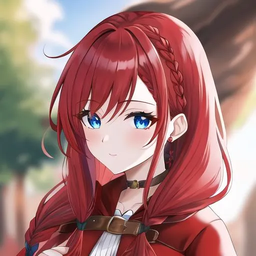 Prompt: Haley 1female (braided red hair pulled back, lively blue eyes), highly detailed face, 8K, UHD, wearing a red riding hood outfit