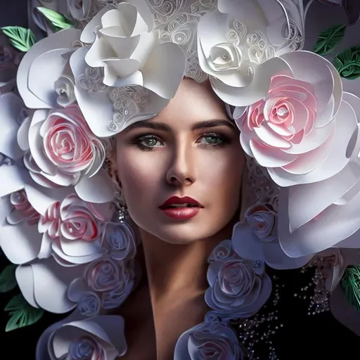 Prompt: Ultra realistc woman in white dress with white hair. Around white and pink roses. White backgroung. An intricate detailed white 3D paper patchwork, quilling intricate details 