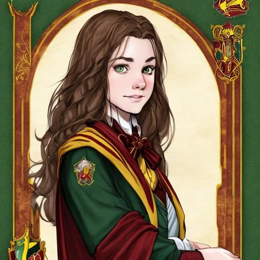 brown-haired, green-eyed woman as a Gryffindor stude...