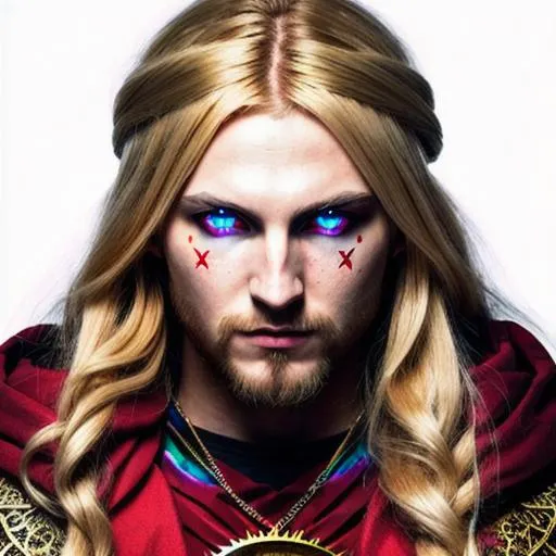 Prompt: Douma inspired, Photorealistic, intricate details, Hyperrealism, Anime, Demons Slayer Inspired, Demon, Rainbow Eyes, Long Blond Hair, Wears Red Cloths, Ice powers, Cult Leader, Upper Moon, Volumetric Lighting, Deep Colors, No emotions in face