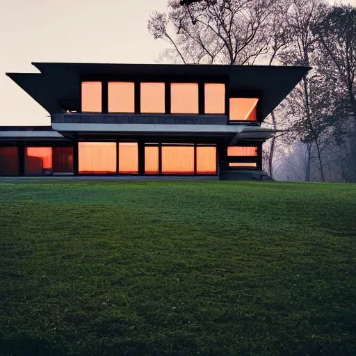 Prompt: A Mies Van Der Rohe and Frank Lloyd Wright mixed building, seen at sunset stainding on a hill in fog. Author photography Archdaily inspired