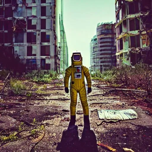 Prompt: spaceman exploring an abandoned  and destroyed cityscape now overrun with new and strange vegetation 