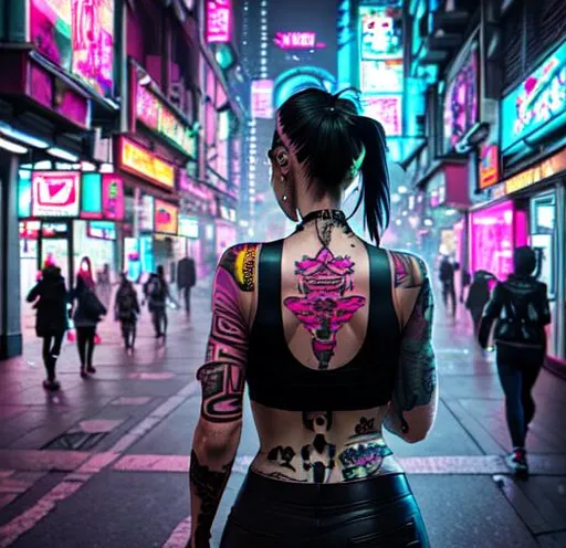Prompt: woman turned around with tatoo in a cyberpunk city