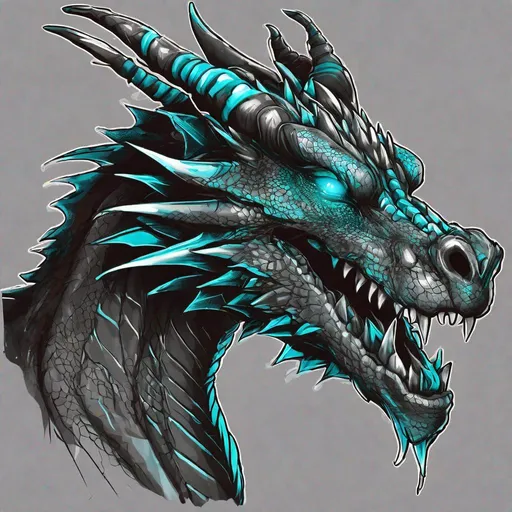 Prompt: Concept designs of a dragon. Dragon head portrait. Dragon head has a sleek appearance. Coloring in the dragon is predominantly black with cyan streaks and details present.