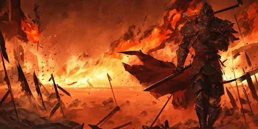 Prompt: A warrior with heavy armor and an injured arm whilst his eyes are tearing with red dark blood is walking over corps of the people he has killed with a look of regret. background of read and black smoke coming from the ground. Orange fire coming from the dark red floor . warrior a dual wielding two very long swords with a spectacular view of the sea tainted with blood from his comrades. Sky is dark blue with dark clouds over the warrior