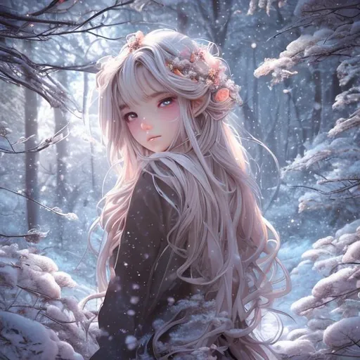 Prompt: (Masterpiece:1.1, Highly detailed:1.1), utra realistic, 4K UHD, anime style, top quality, cinematic shot, instagram able, 1girl, goddess, blossom forest, snowy background, holy light background, 2D illustration, reflactions, long hair, blonde hair, dark blue eyes, fullbody view, centered, (Epic composition, epic proportion).