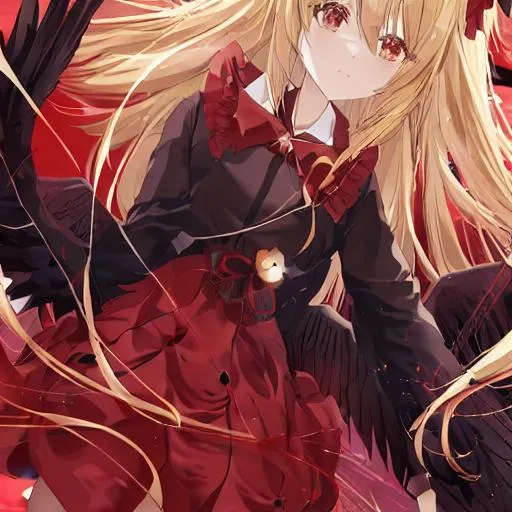 Prompt: anime girl blonde hair black seraphim wings long red dress flying in the sky