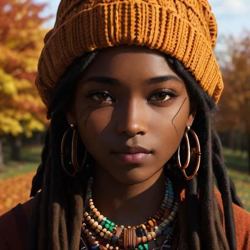 Prompt: Woman with dark skin, dreadlocks, warm autumn colors, facial closeup